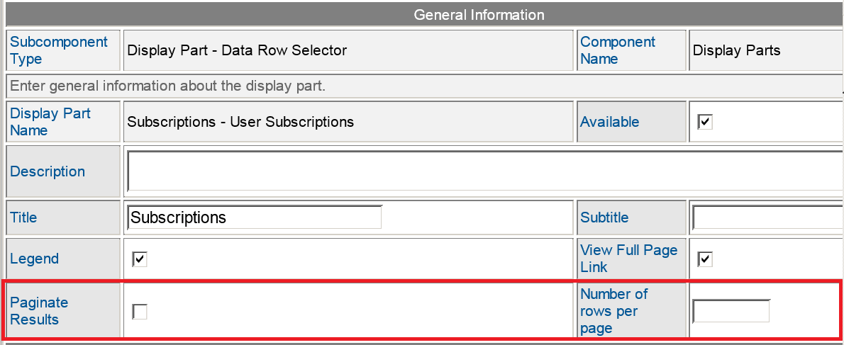 Display Part Pagination Options